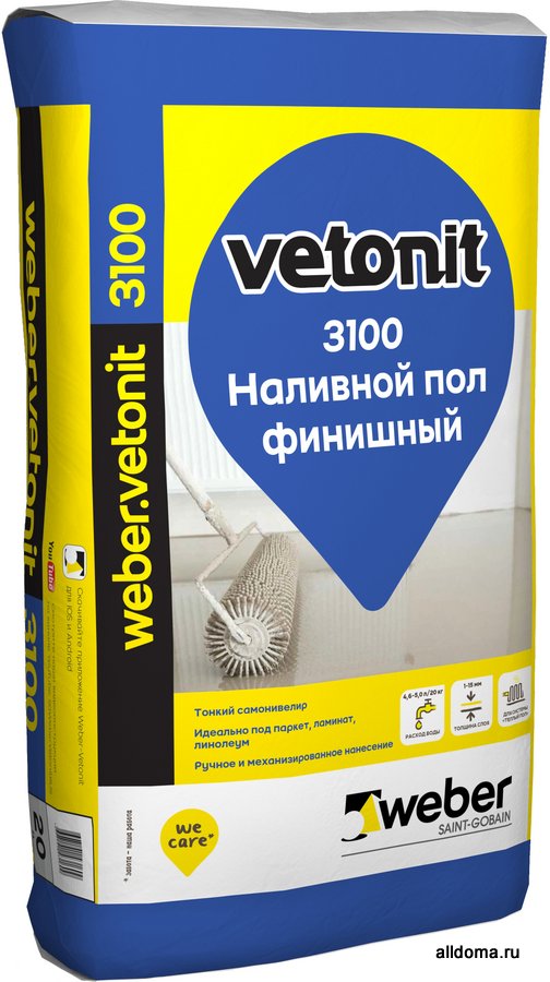 Отличительная особенность weber.vetonit 3100 – широкие возможности использования: наливной пол может быть нанесен слоем от 1 до 15 мм.